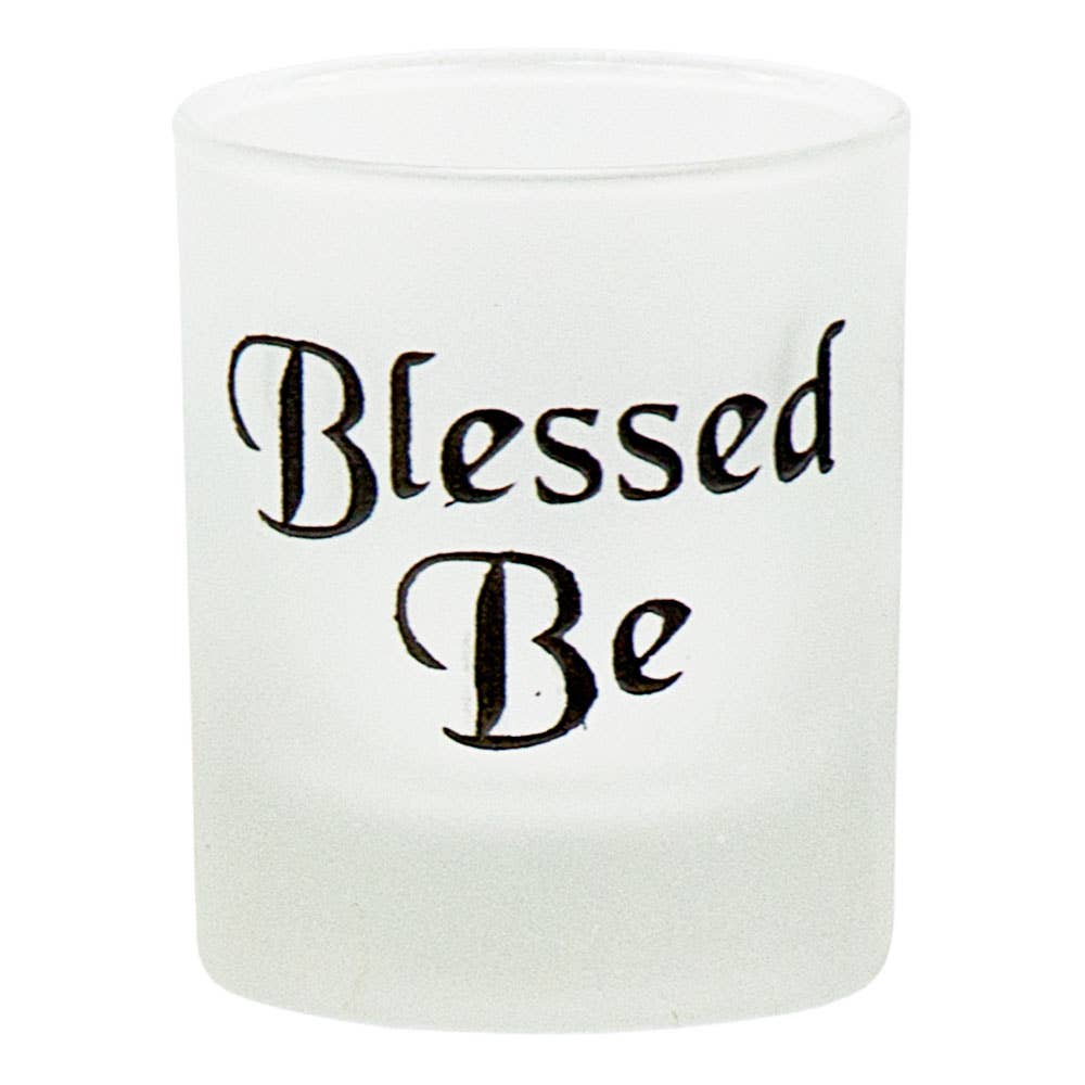 Etched Glass Votive Holder Blessed Be Black