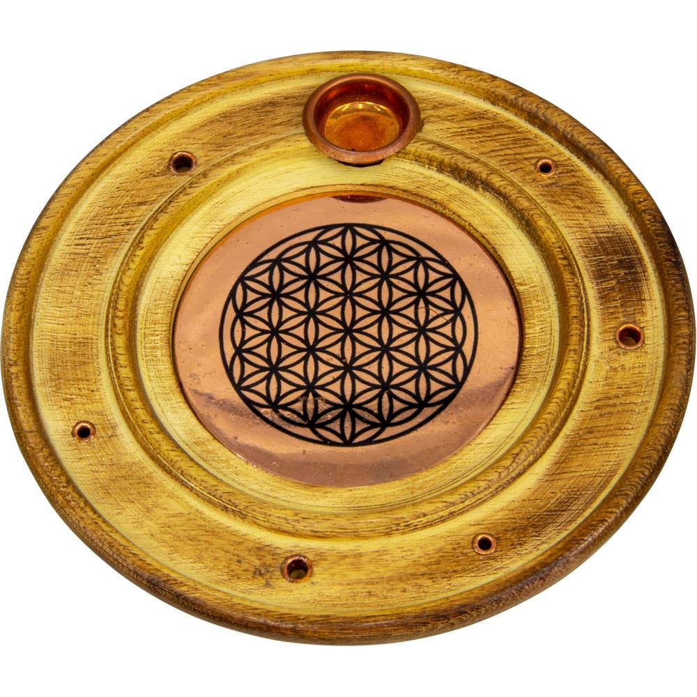 Wood Round Cone Burner - Copper Flower of Life