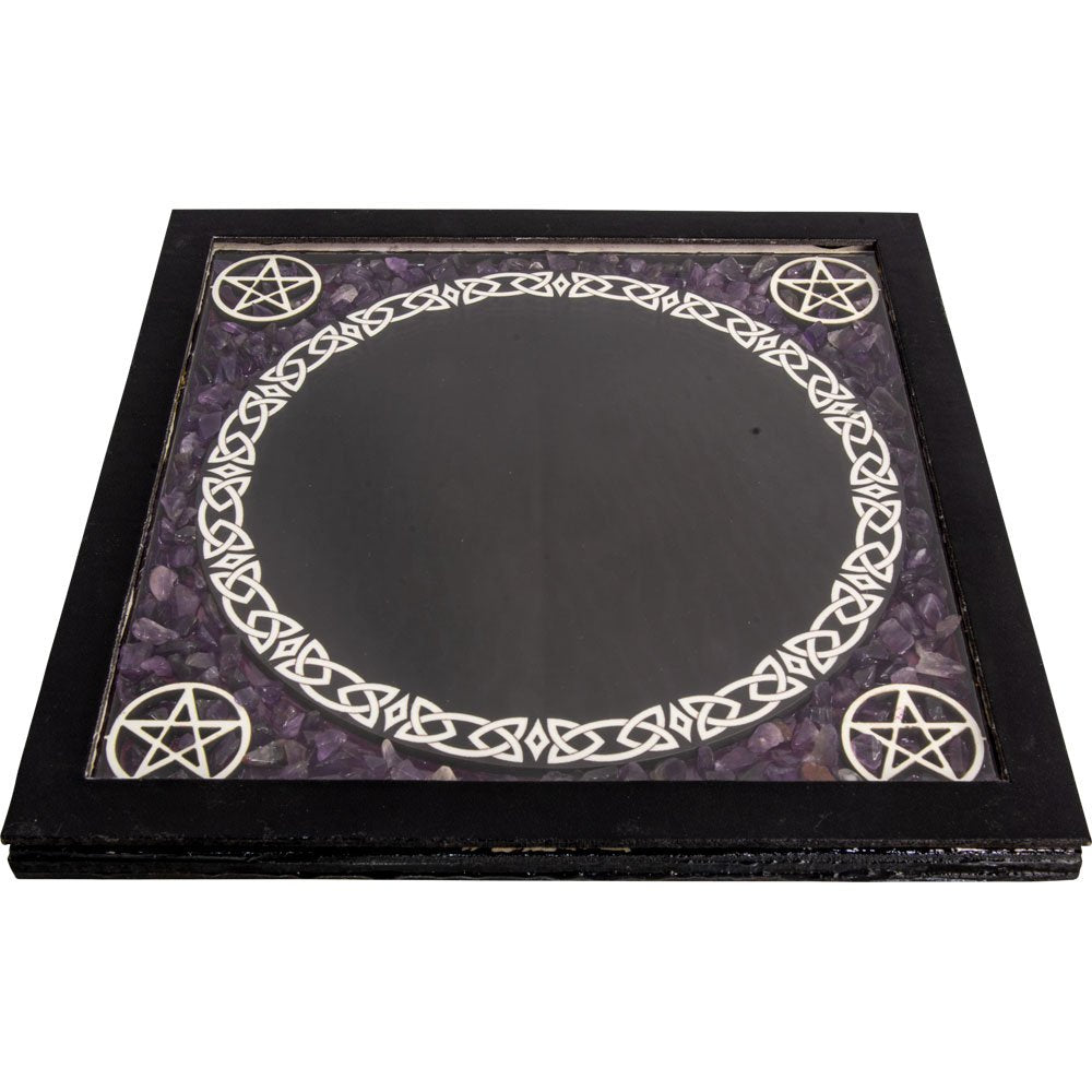 Glass Scrying Mirror: Pentacles & Amethyst Chips