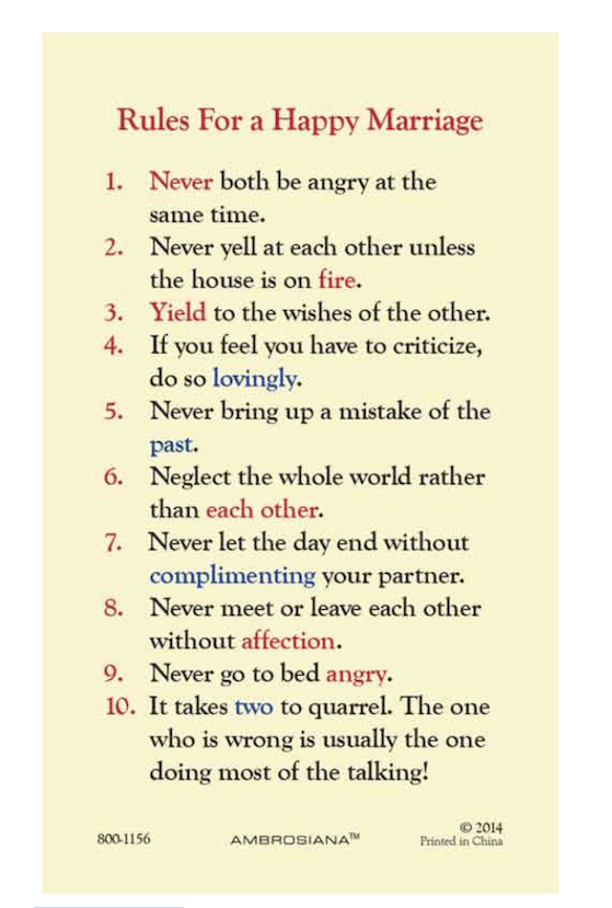 "Rules For A Happy Marriage" Holy Card