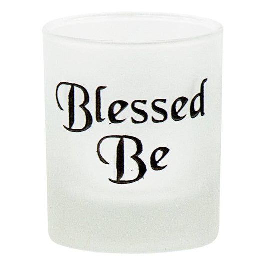 Etched Glass Votive Holder Blessed Be Black