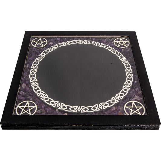 Glass Scrying Mirror: Pentacles & Amethyst Chips