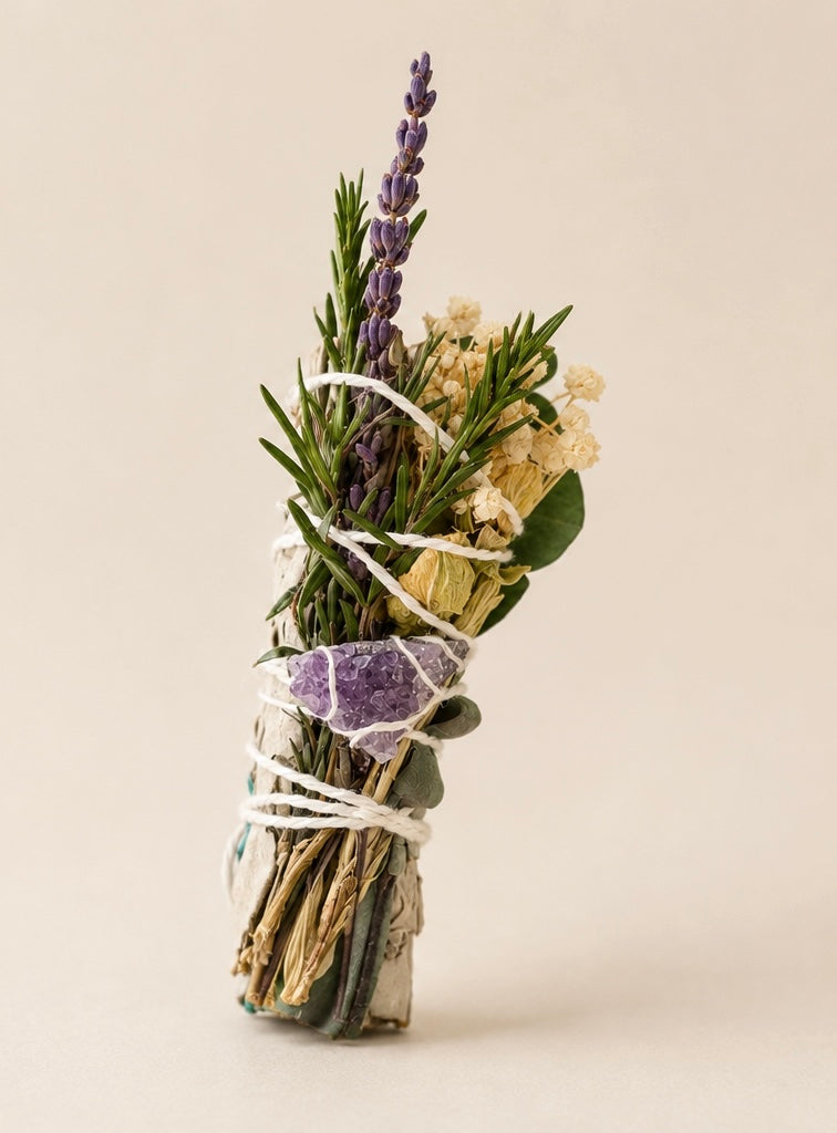 Floral Smudge Stick with Raw Amethyst (4 inch)