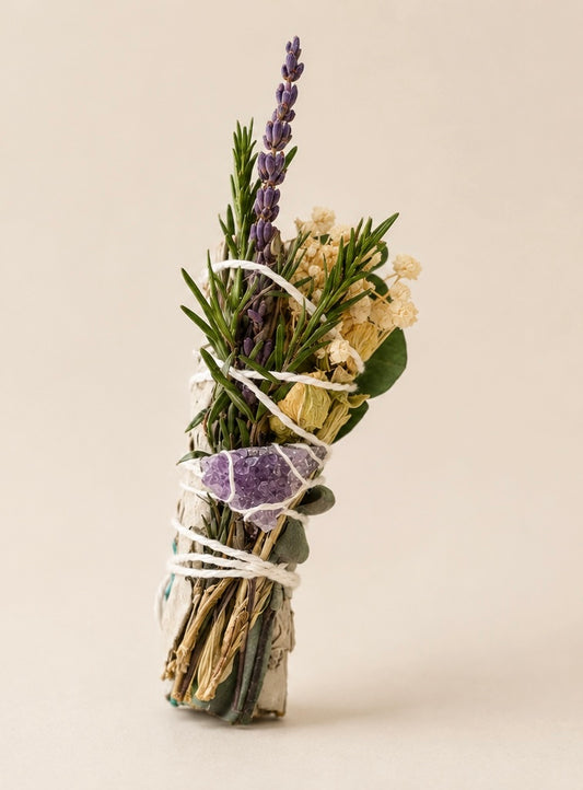 Floral Smudge Stick with Raw Amethyst (4 inch)