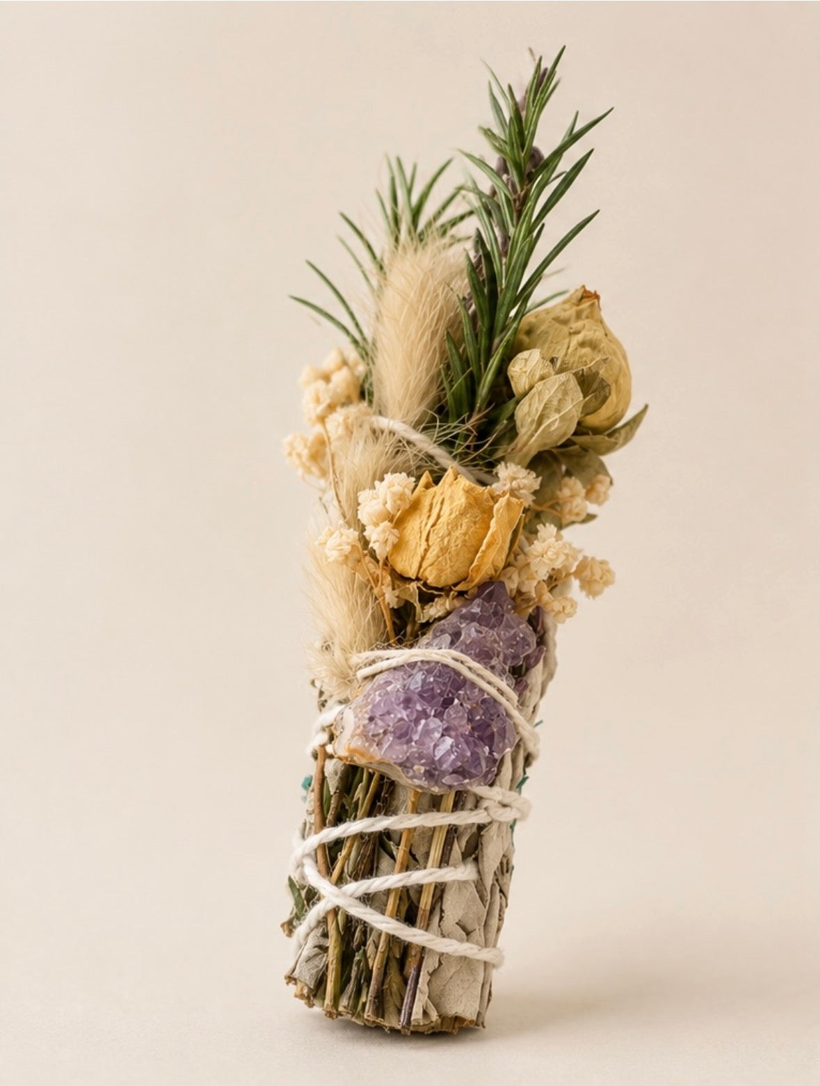 Floral Smudge Stick with Raw Amethyst (4 inch)