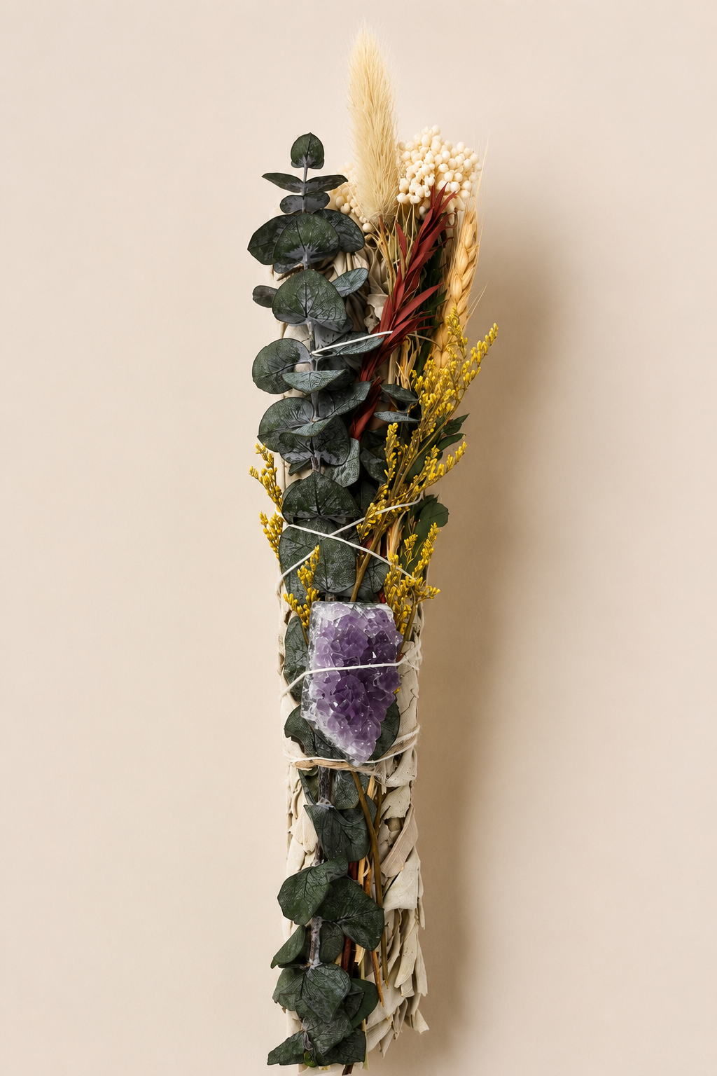 Floral Smudge Stick with Raw Amethyst (8 inch)