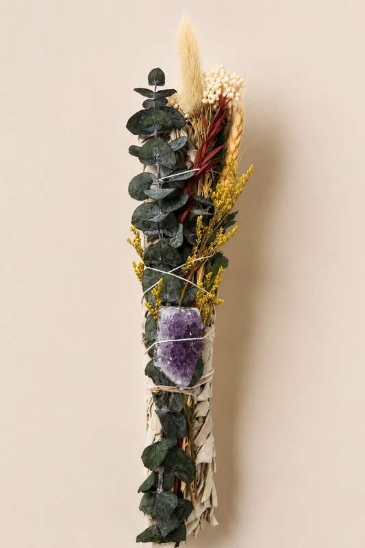 Floral Smudge Stick with Raw Amethyst (8 inch)