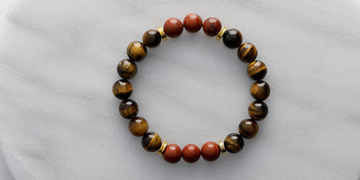 10mm Tiger Eye  Red Jasper - Gold Stretch Bracelet